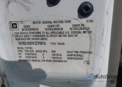 2000 GMC Sierra 1500 Sle z USA, uszkodzony, nr VIN 1GTEC19V3YZ276813